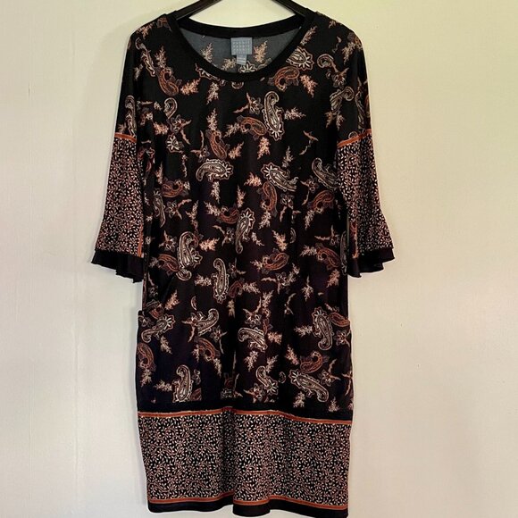 Rabbit Rabbit Rabbit Designs Paisley Bell Sleeve Dress Black Orange, Size 12 - Picture 1 of 11